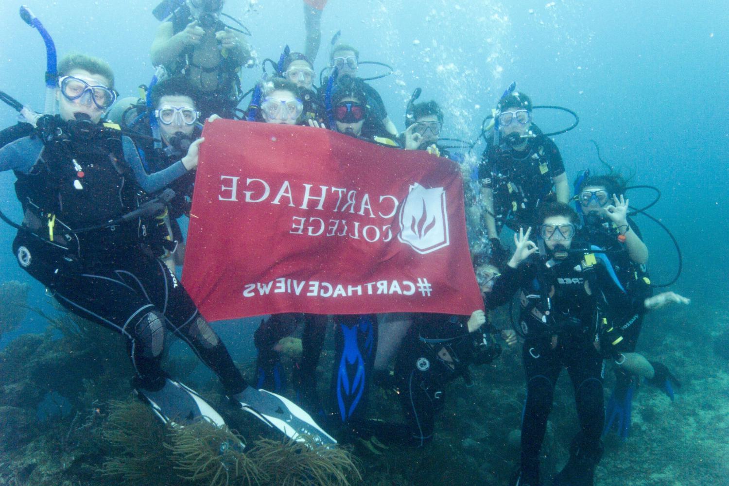 学生们手持<a href='http://w4jl.cqkaisi.com'>博彩网址大全</a>旗帜，在j学期洪都拉斯游学之旅中潜水.